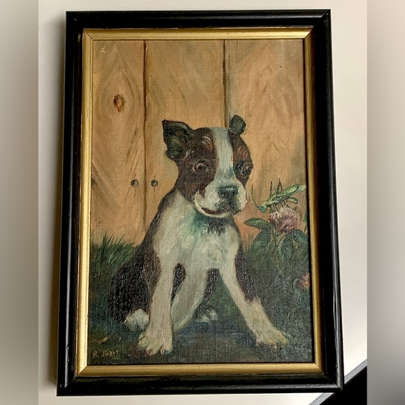1931 Vintage Artist Signed Framed Oil Paint on Canvas Potrait of Boston Terrier - Picture 11 of 16